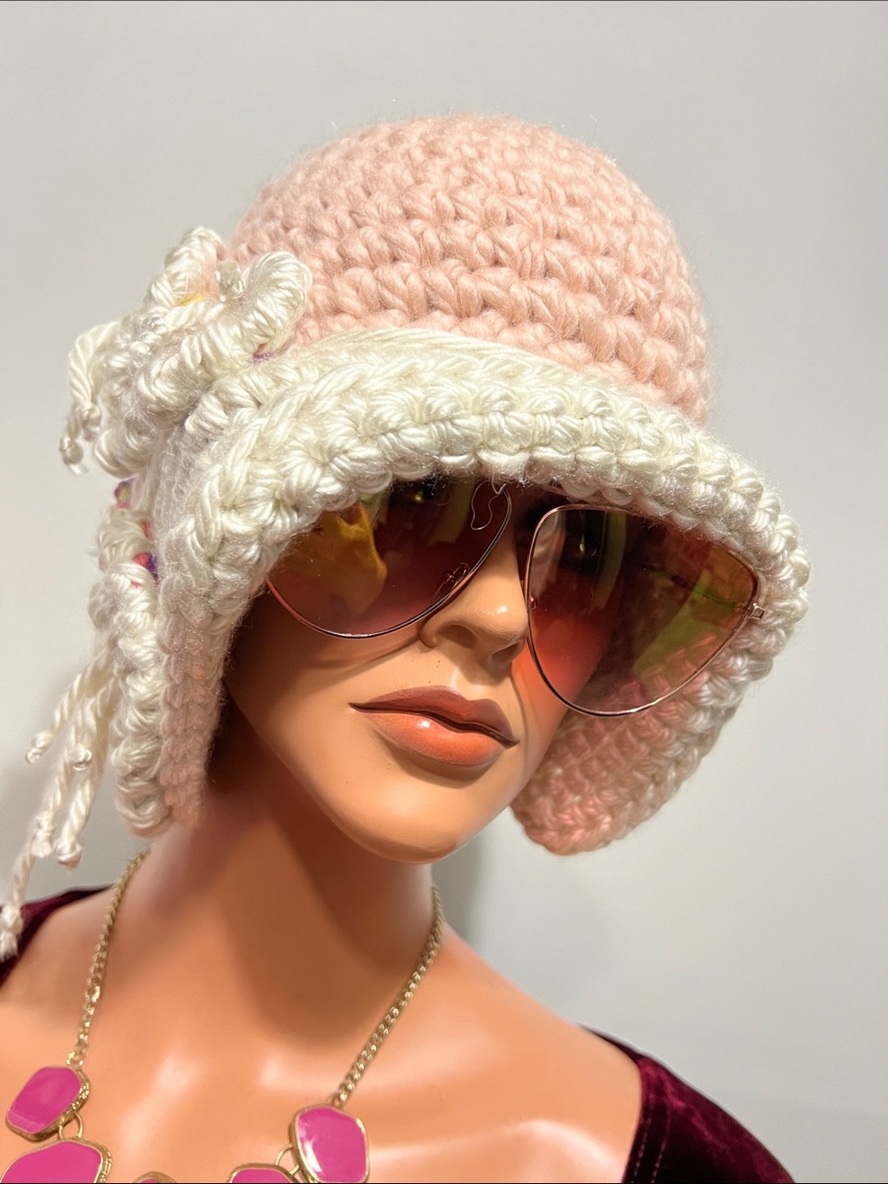 Crocheted Pink and Cream Flower Bucket Hat for Women